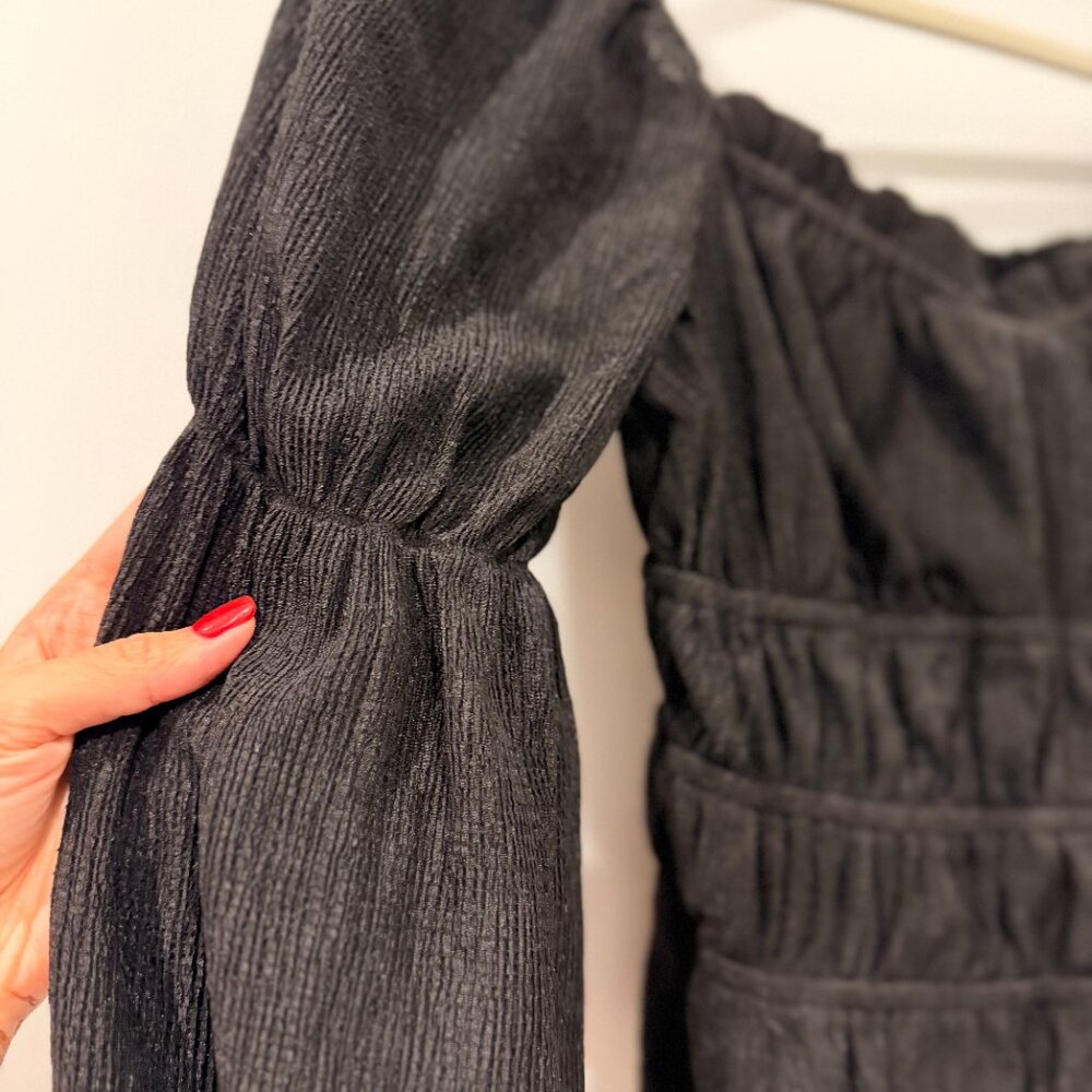 Black Smocked Peplum Top with Puff Sleeves - Picture 3 of 3
